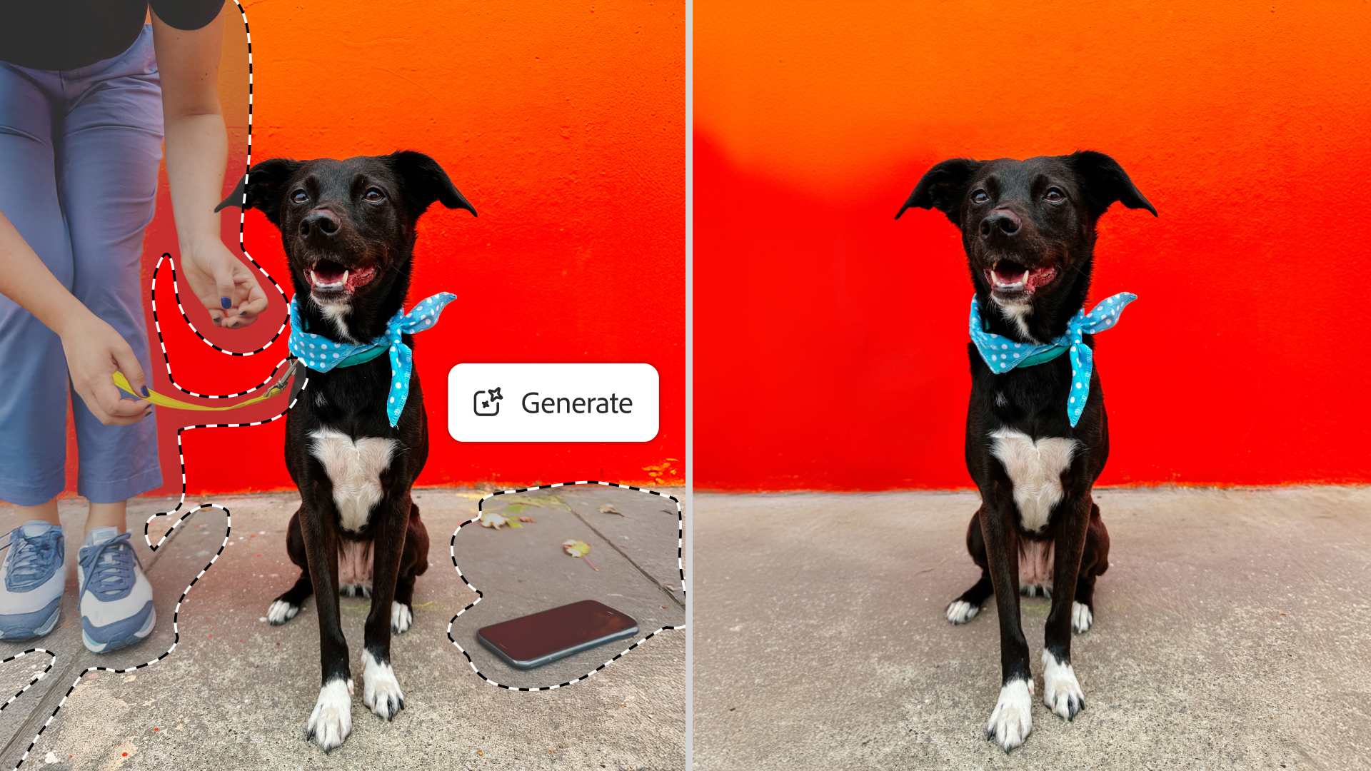 Two photos of a dog showing Photoshop's generative remove tool in action