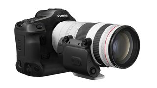 Canon RF 70-200mm f/2.8L IS USM Z with Power Zoom adapter, mounted to a Canon EOS R1, against a white background