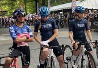 Coryn Rivera lines up in the stars-and-stripes jersey next to L39ION of Los Angeles riders at 2024 Greenville Cycling Classic