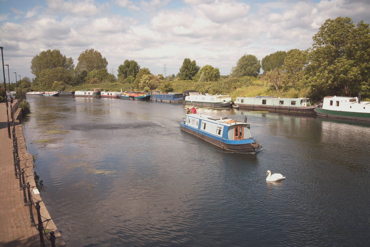 Photograph taken with the RewindPix digital compact showing a canal boat on the water and a swan, tones are sunny and warm