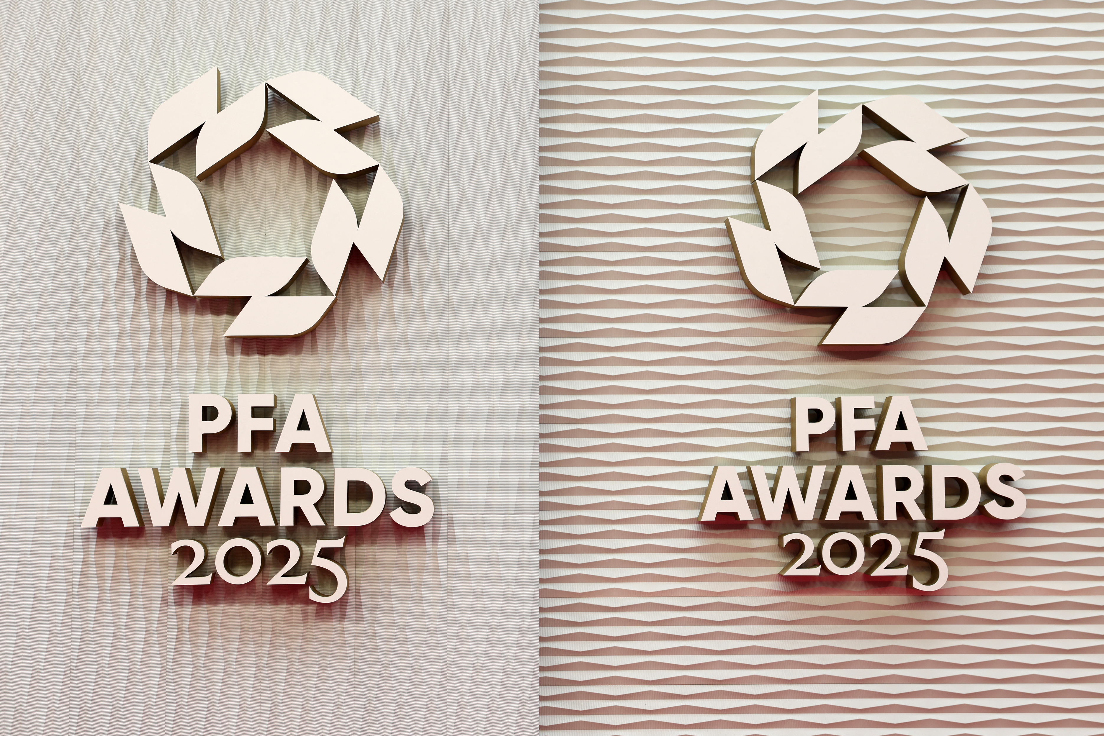 The logo of the Professional Footballers&#039; Association (PFA) is pictured before the association&#039;s awards ceremony, at the Opera House in Manchester, northern England, on August 19, 2025. (Photo by Darren Staples / AFP)