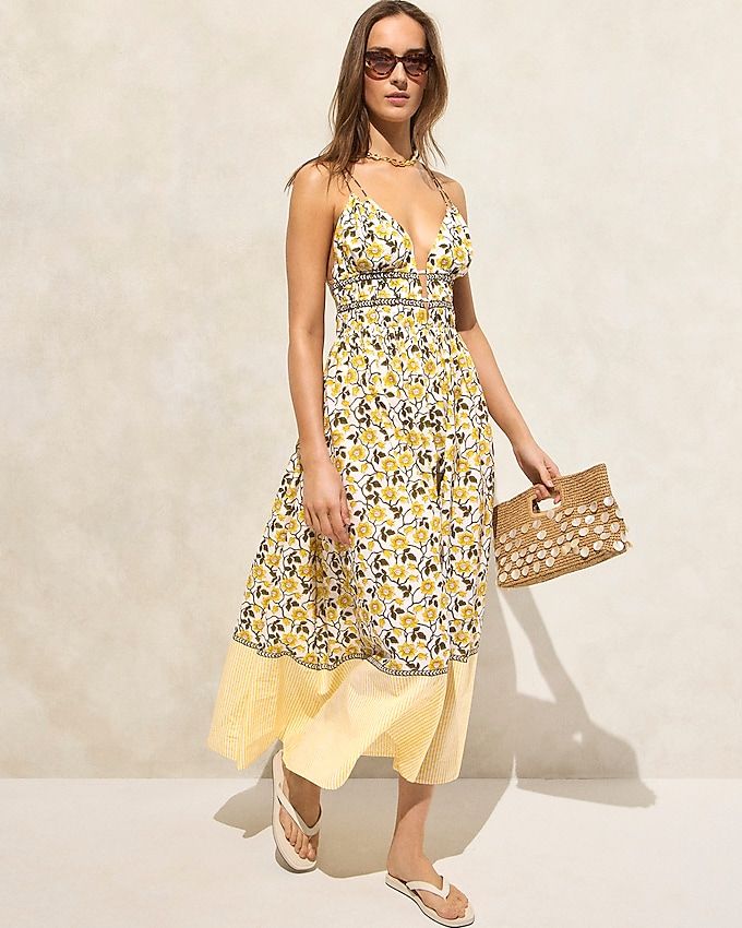 Cotton Voile Plunge Maxi Dress in Daffodil Daze Block Print