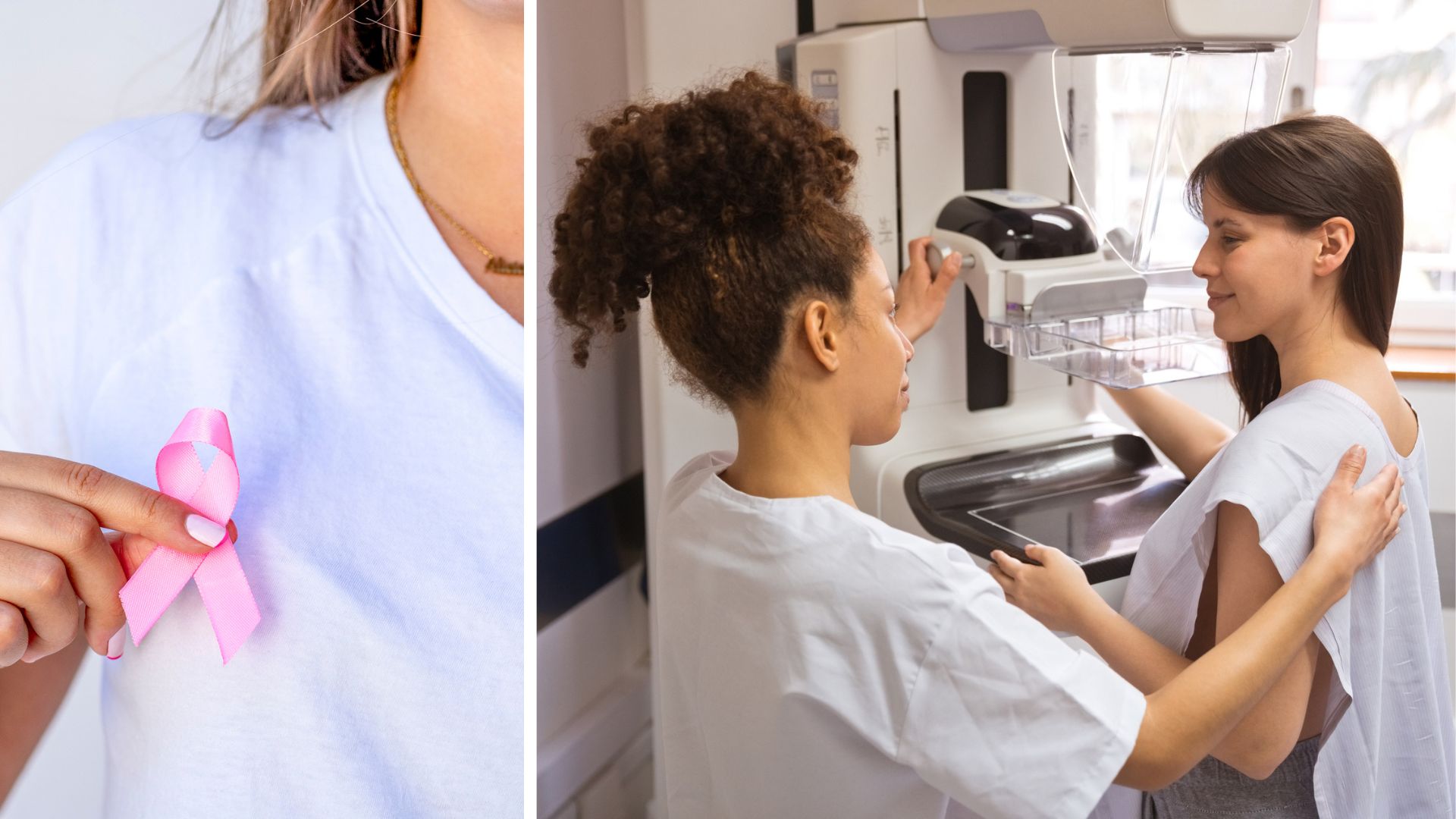 A split image shows a woman holding the pink breast cancer ribbon to her chest, and another woman about to have a mammogram, being shown the equipment by a nurse