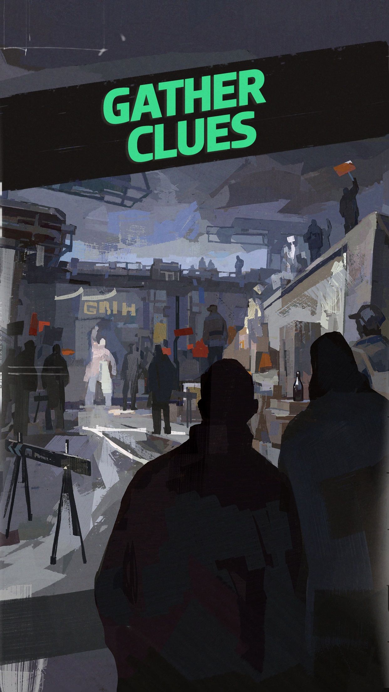 "Gather clues" over art of Harry and Kim approaching a protest in Martinaise.