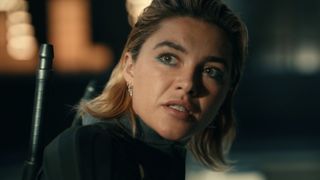 Yelena with blue eyeliner looking annoyed in the Thunderbolts credits scene.