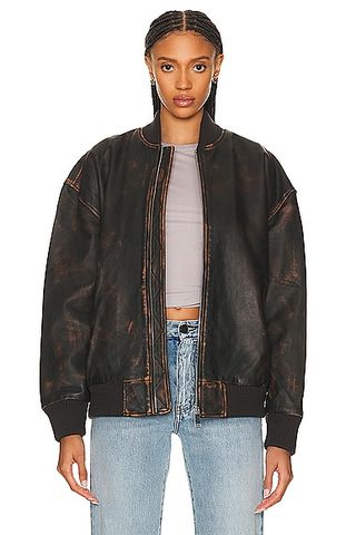 Distressed Leather Oversized Bomber