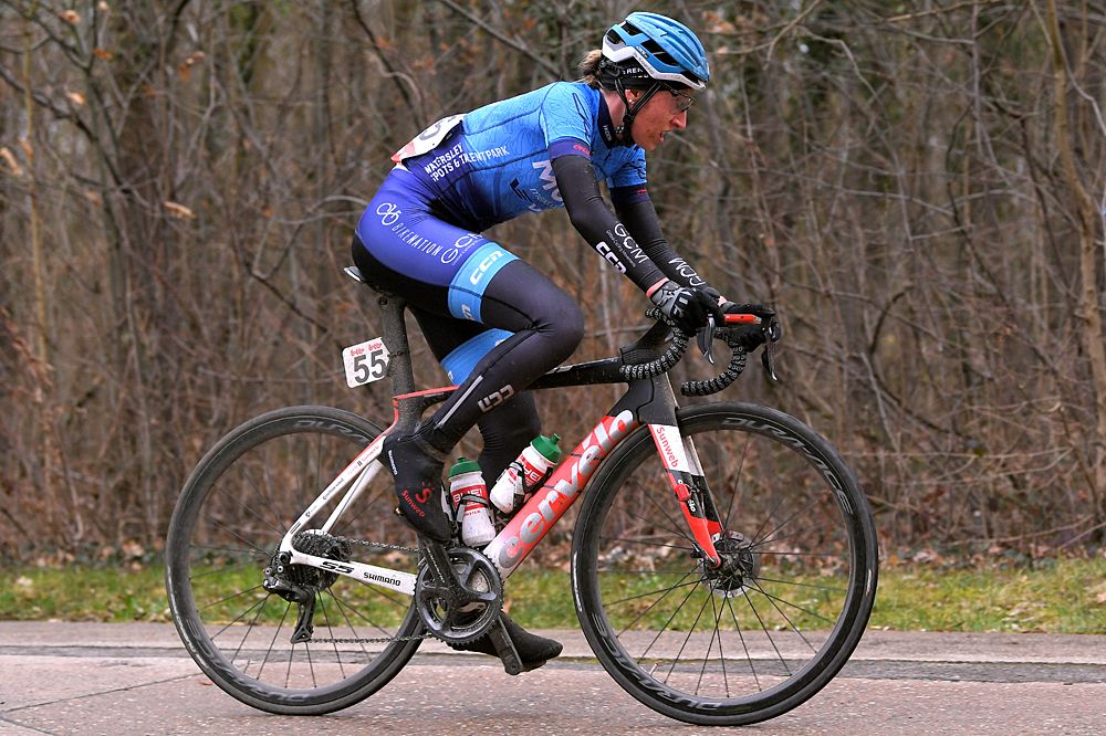 Franziska Koch (Mexx-Watersley International) in a solo breakaway at Omloop van het Hageland