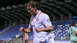 Rasmus Hojlund of Denmark celebrating scoring his team's second goal vs Belarus in their 6-0 victory in the World Cup Qualifying stage. 