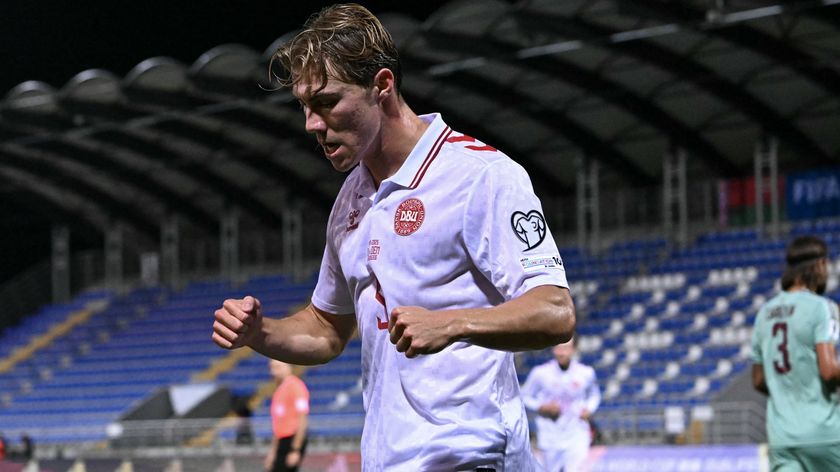 Rasmus Hojlund of Denmark celebrating scoring his team&#039;s second goal vs Belarus in their 6-0 victory in the World Cup Qualifying stage. 