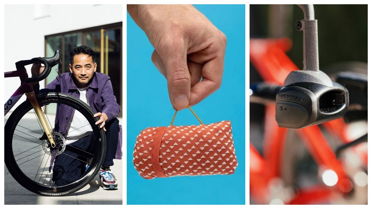 collage of musette, aerosensor and designer crouching by front wheel of bycicle