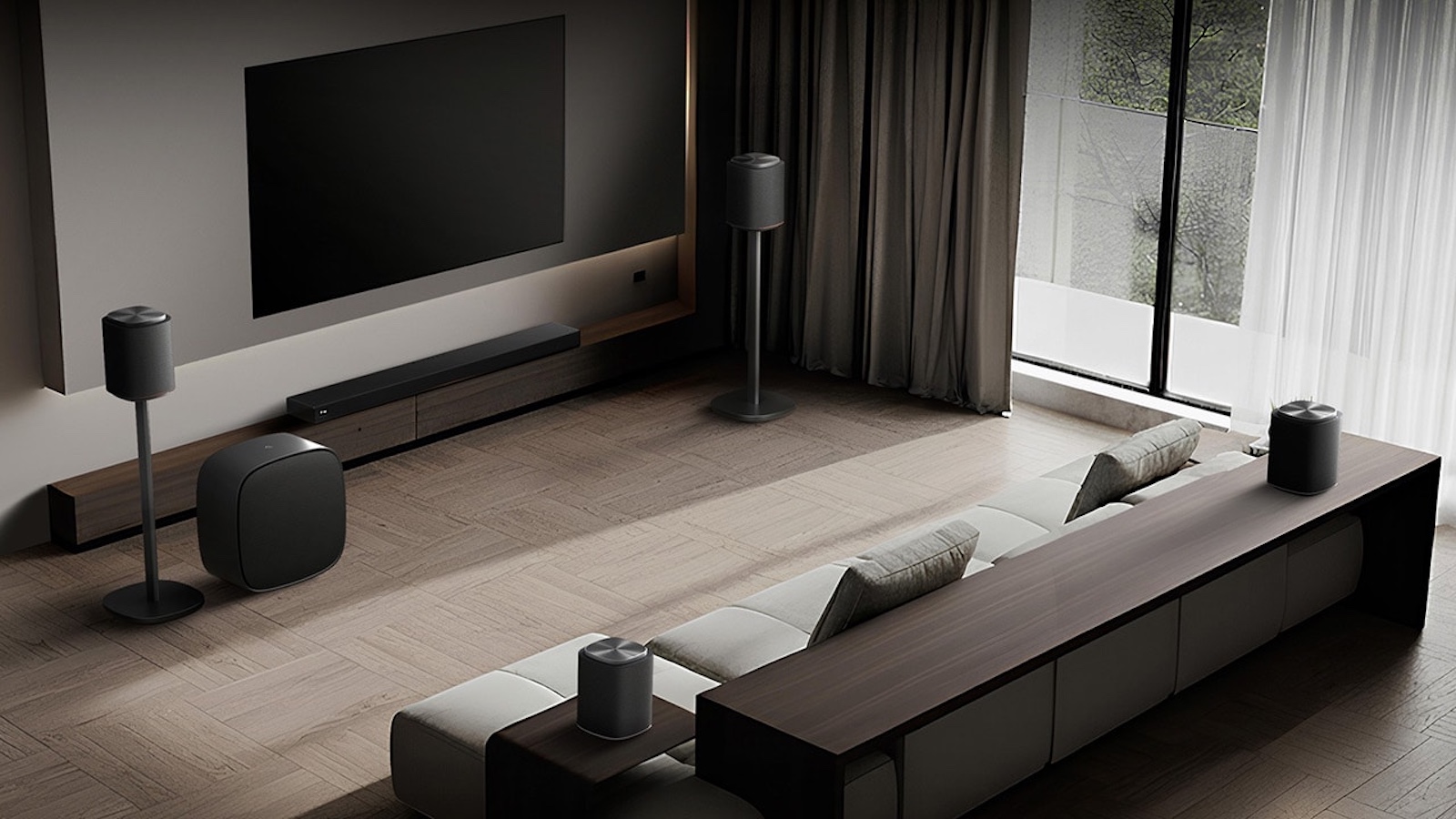 The various components of the LG Sound Suite home cinema system, arranged in a smart living room