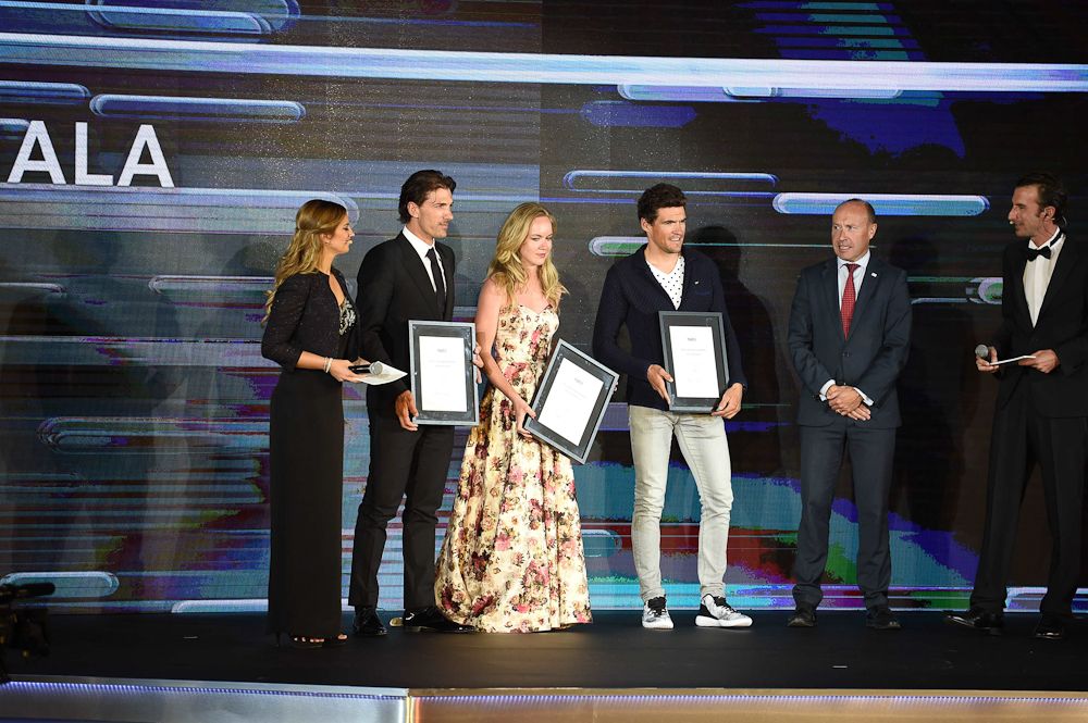 Fabian Cancellara (SUI), Rio 2016 Olympic Champion in the Mens Time Trial Award, Anna van der Breggen (NED), Rio 2016 Olympic Champion in the Womens Road Race Award, and Greg Van Avermaet, Rio 2016 Olympic Champion in the Mens Road Race Award, at the UCI Cycling Gala.