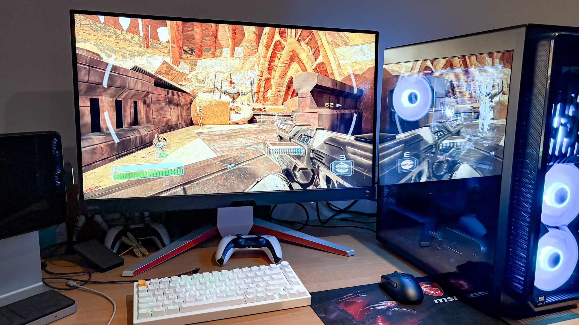 Star Wars: Republic Commando RTX Remix gameplay shown on display with gaming PC and keyboard and PS5 controller on desk