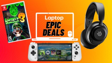 Console games, controllers, and accessories on sale this weekend with a Laptop Mag Epic Deals icon on a yellow and red background