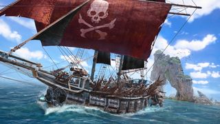 Skull and Bones live test: A pirate ship with red sails and wooden spikes travels the sea