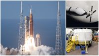 A collage of three images showing NASA's Artemis 2 launch, SpaceX's Starship docked to Orion and the Blue Moon lander