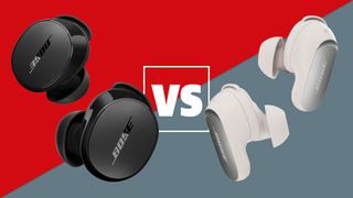 A black pair of Bose QuietComfort Earbuds (2024) and white pair of Bose QuietComfort Ultra Earbuds (2nd Gen) on a red and grey background with a white versus sign between them.