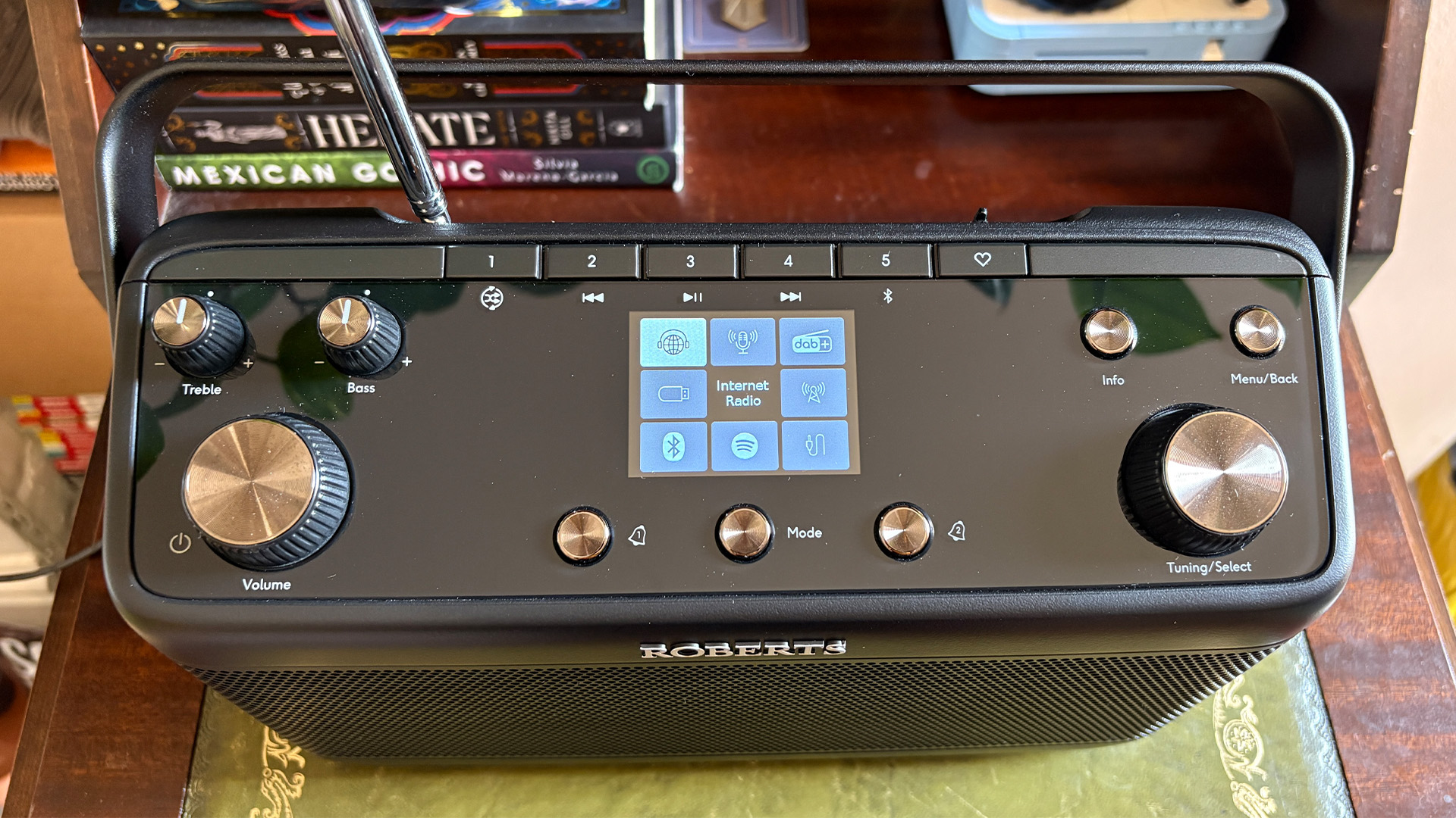 Roberts Stream 219 radio on old fashioned bureau, viewed from above