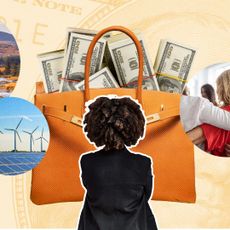 An artistic collage breaking down ESG investing; a woman staring at symbols of environmental, sustainability and governance topics