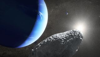 A NASA illustration shows Neptune&#039;s moons. In the foreground is Hippocamp, discovered in 2013.