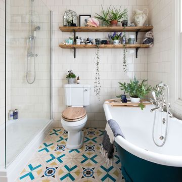 Bathroom makeover with upcycled vanity unit and matching blue floor ...