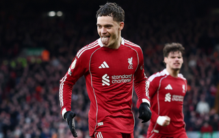 Florian Wirtz of Liverpool celebrates scoring his team's first goal during the Premier League match between Liverpool and Burnley at Anfield on January 17, 2026 in Liverpool, England.