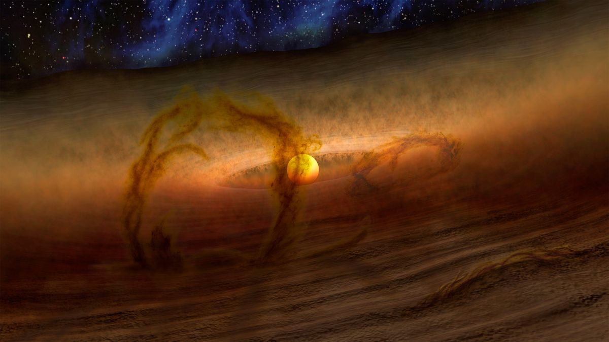 This artist&#039;s concept shows magnetic loops carrying gas and dust above disks of planet-forming material circling stars.