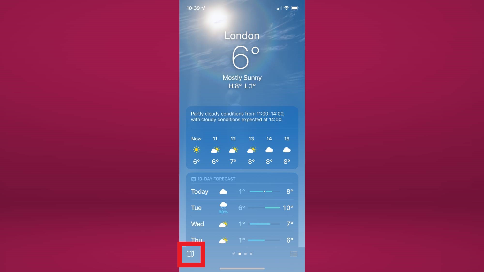 How to access the interactive map on the iPhone Weather app - click the mpa icon