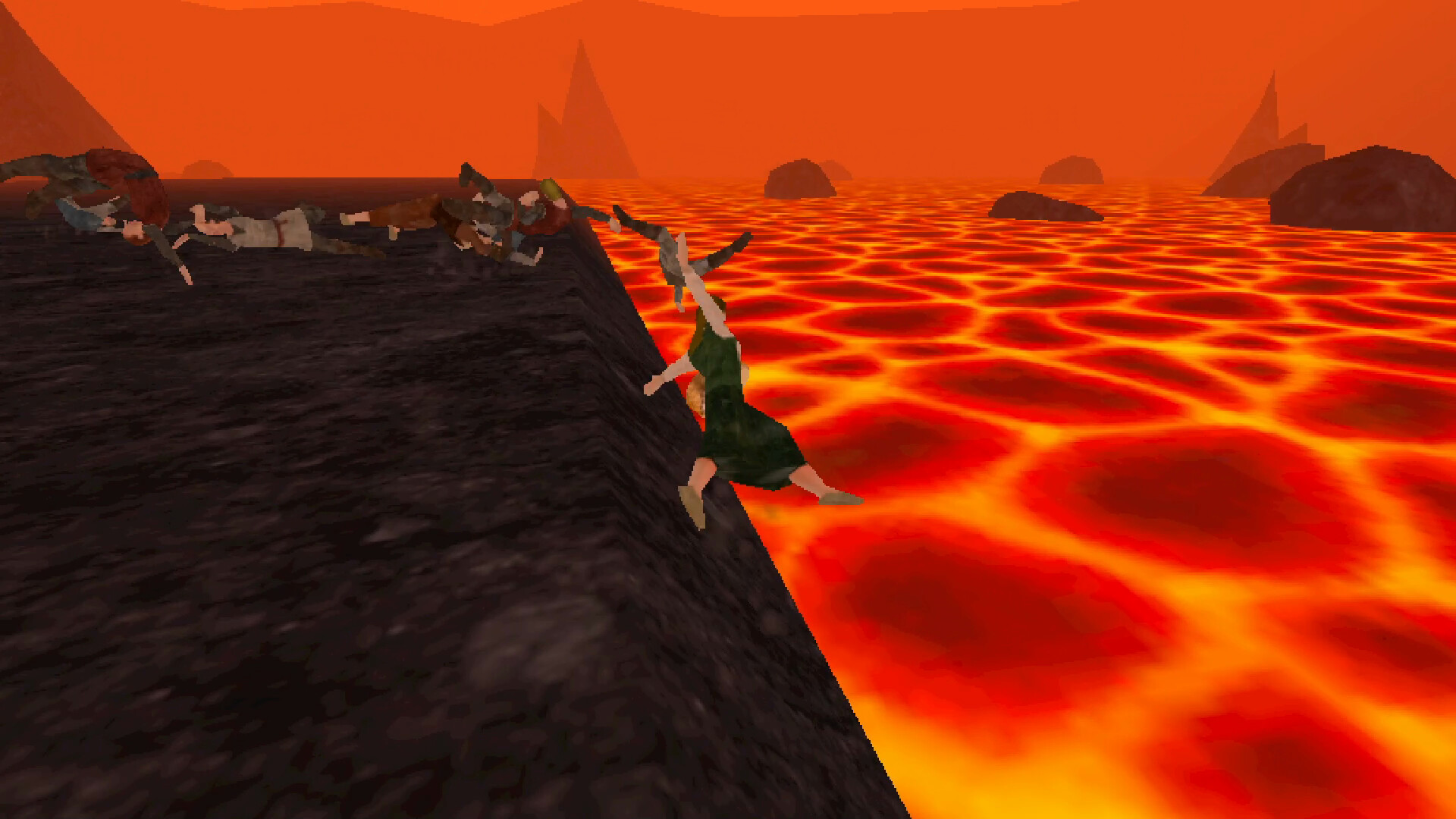A screenshot from Cheese Rolling showing participants in a cheese rolling game rolling into a pool of lava