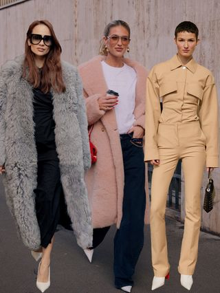 A collage of women wearing white heels at Milan Fashion Week.