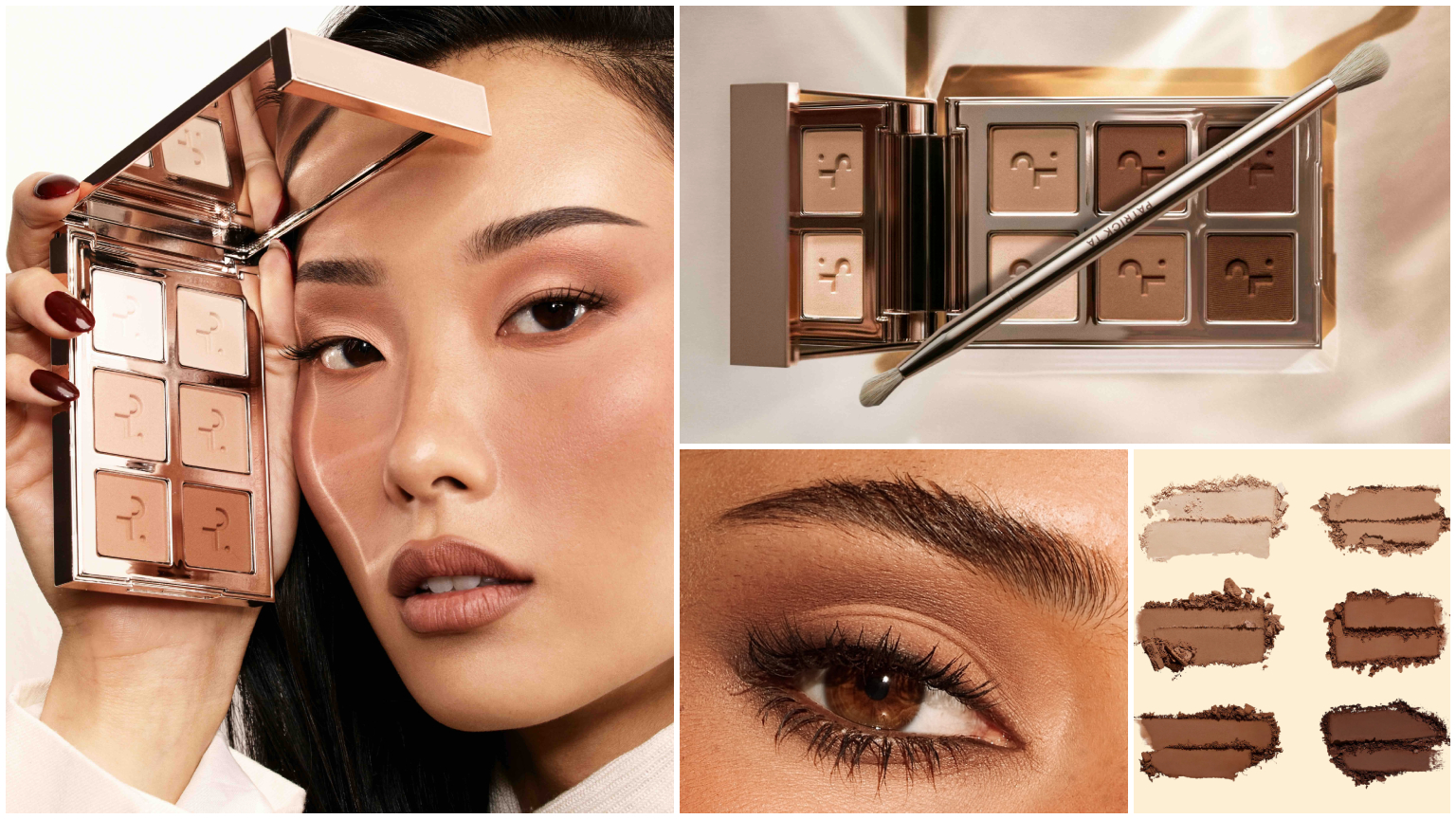 girl holding up a six pan eyeshadow pallete, smokey eye, swatches of six nude matte shadows in a collage