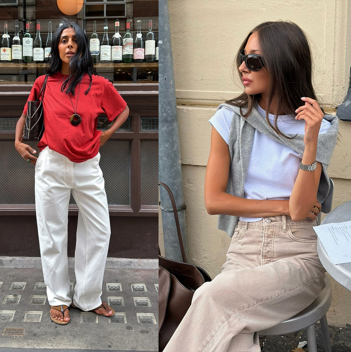 Collage of stylish women wearing different-colored T-shirts