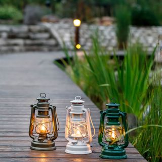 deck in garden with lantern