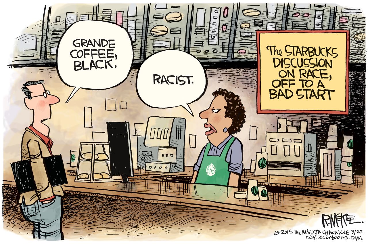 Editorial cartoon U.S. Starbucks race