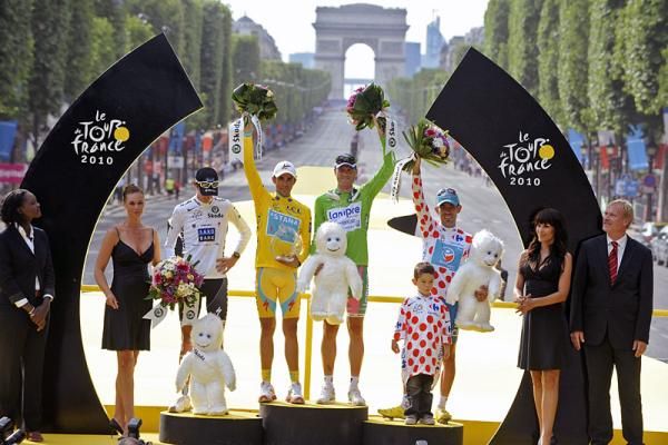 The Tour's jersey winners (l-r): Andy Schleck, Alberto Contador, Alessandro Petacchi and Anthony Charteau.