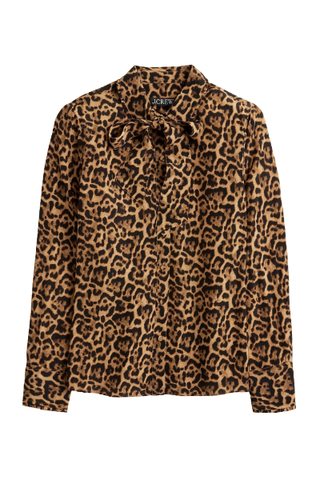 J.Crew Tie-Neck Button-Up Shirt in Leopard Crepe de Chine