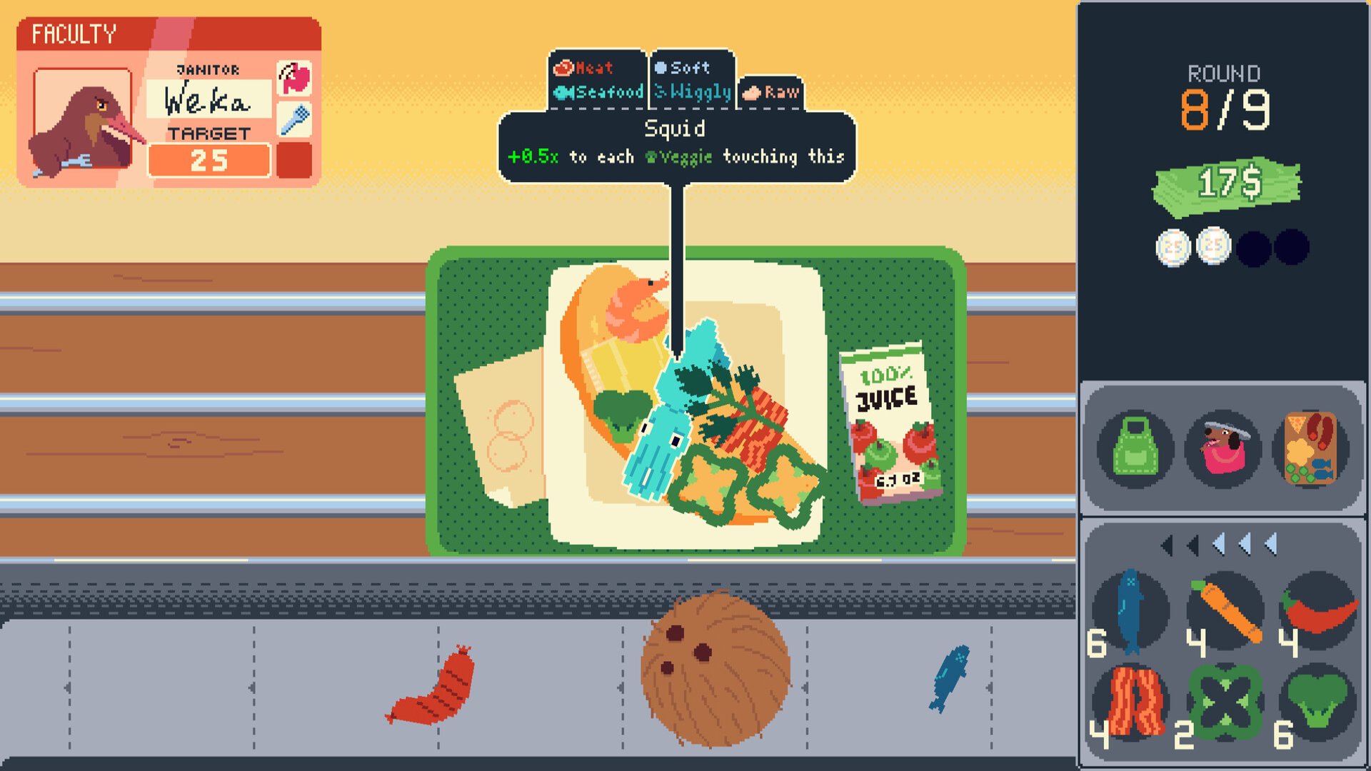 Omelet You Cook screenshot showing various ingredients piled onto an omelet near a conveyer belt that has more ingredients on it