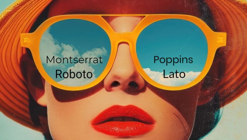 Retro white woman illustration wearing sunglasses which show subtitle fonts at the bottom of the frames, where subtitles would be on a screen. Each different font spells its name: Montserrat, Poppins, Roboto, Lato.