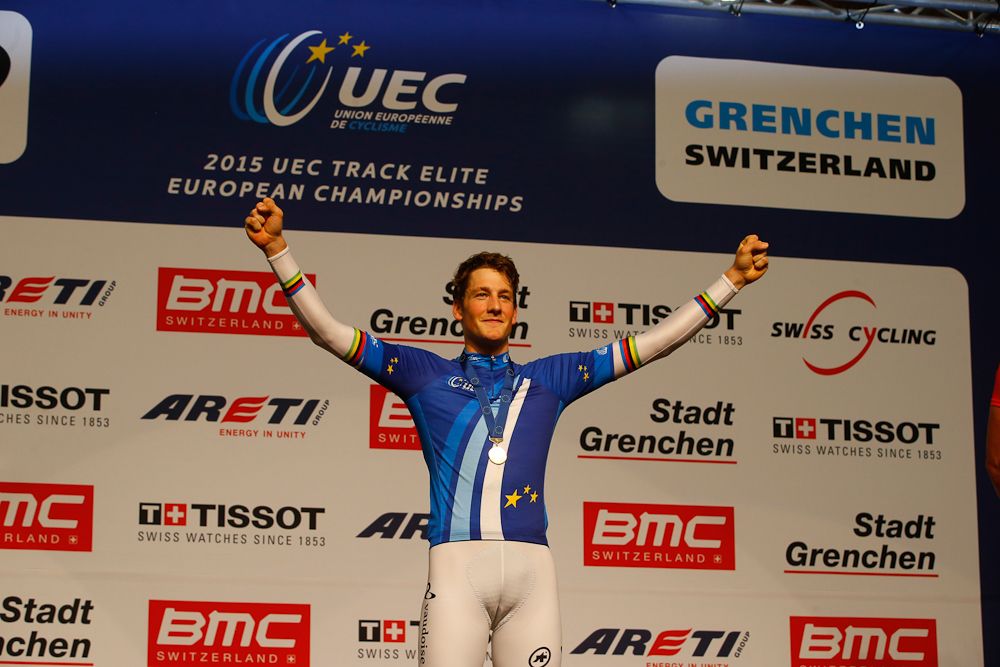 Stefan Kung (Switzerland) celebrates his individual pursuit win.