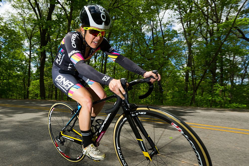 A Visit Dallas Cycling DNA Pro Cycling (USA) makes her way up the switchback section of the course.