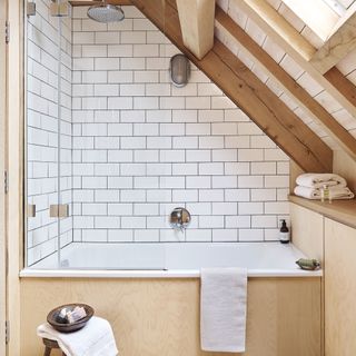 Wooden bathroom with white tiles