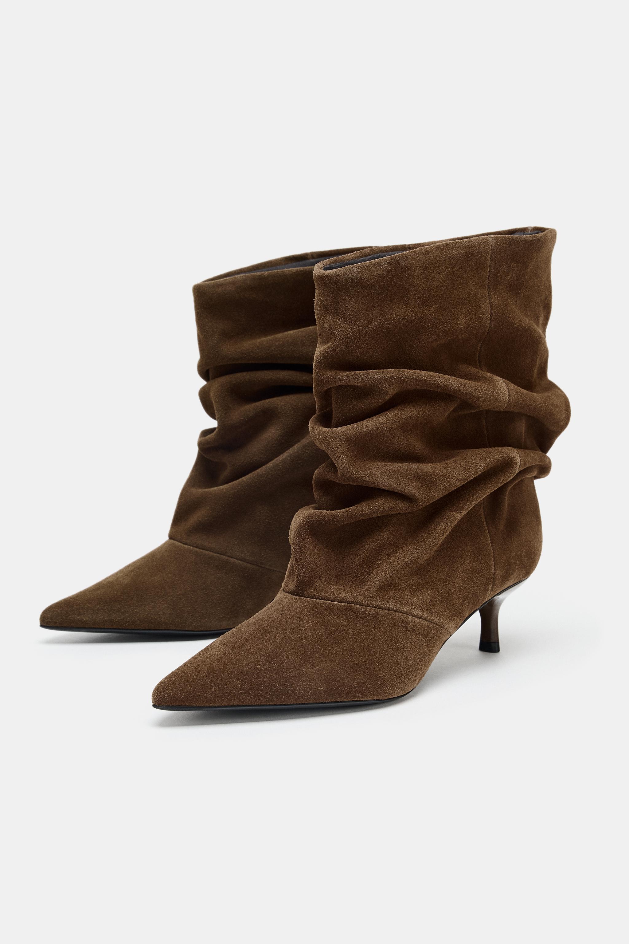 Ruched Split Leather Ankle Boots