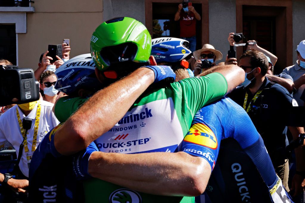 CARCASSONNE FRANCE JULY 09 Mark Cavendish of The United Kingdom Green Points Jersey Michael Mrkv of Denmark and Team Deceuninck QuickStep celebrate at arrival during the 108th Tour de France 2021 Stage 13 a 2199km stage from Nmes to Carcassonne LeTour TDF2021 on July 09 2021 in Carcassonne France Photo by Stephane Mahe PoolGetty Images