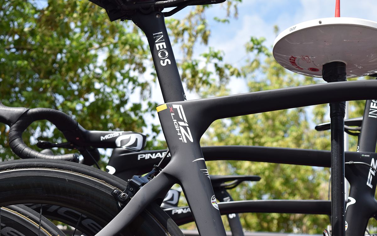 A yellow band around the seat tube of Geraint Thomas' Pinarello denotes his Tour de France victory in 2018