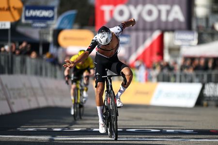 TURIN ITALY MARCH 19 Isaac Del Toro of Mexico and UAE Team Emirates XRG celebrates at finish line as race winner during the 106th Milano Torino 2025 a 174km one day race from Rho to Torino Superga 670m on March 19 2025 in Turin Italy Photo by Dario BelingheriGetty Images