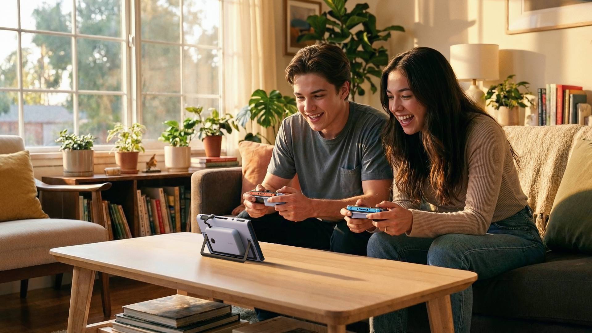 Marketing image showing two people playing the Switch 2 with the Gaming Charging Grip attached.