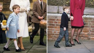 Composite of Prince William wearing shorts in 1988 and trousers in 1989