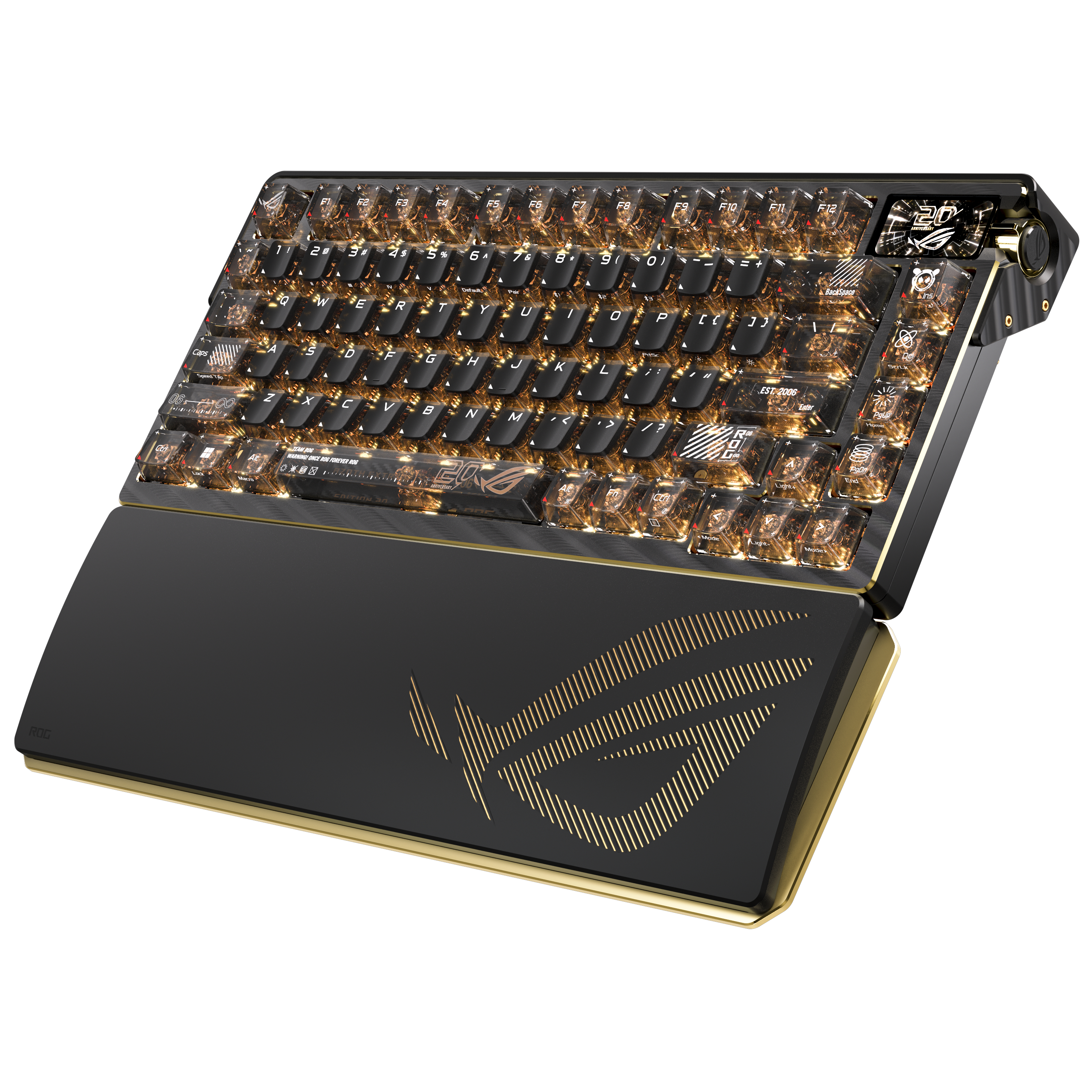 ASUS ROG Azoth Extreme Edition 20 mechanical keyboard with transparent keycaps and black and gold design.