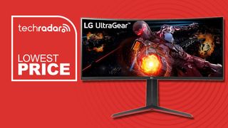 curved gaming monitor against red background