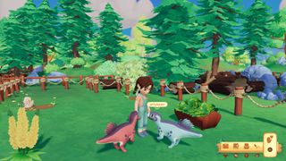 Paleo Pines screenshot: A player made character with braids interacting with two psittacosaurus, one of which is named Jellybean.